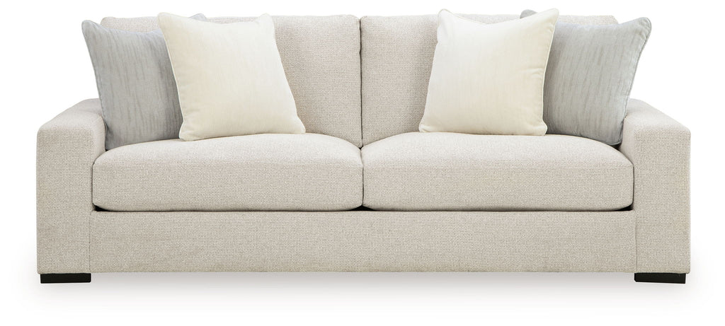 Conlee-Pike linen sofa in light beige with two front seat cushions and four accent pillows
