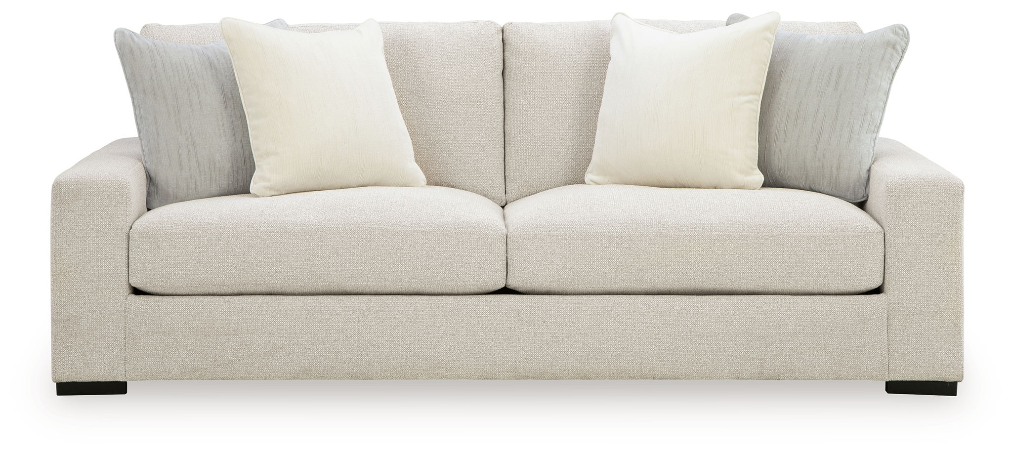 Conlee-Pike linen sofa in light beige with two front seat cushions and four accent pillows