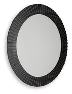 Black oval accent mirror with ribbed textured border and reflective glass