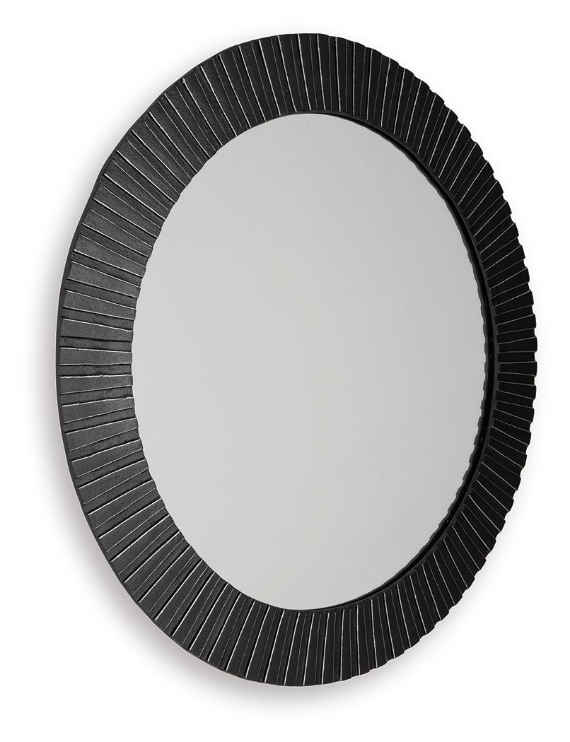 Black oval accent mirror with ribbed textured border and reflective glass