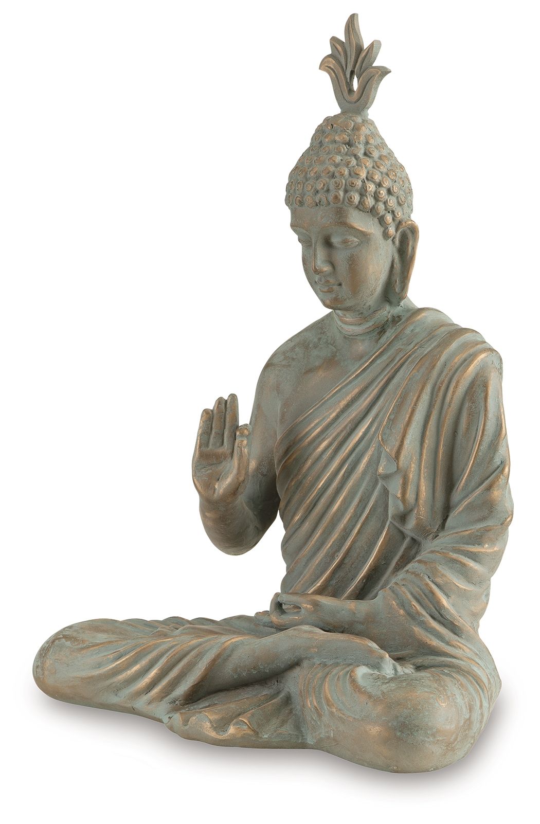 Seated Buddha sculpture with green patina, side view with raised palm and folded legs
