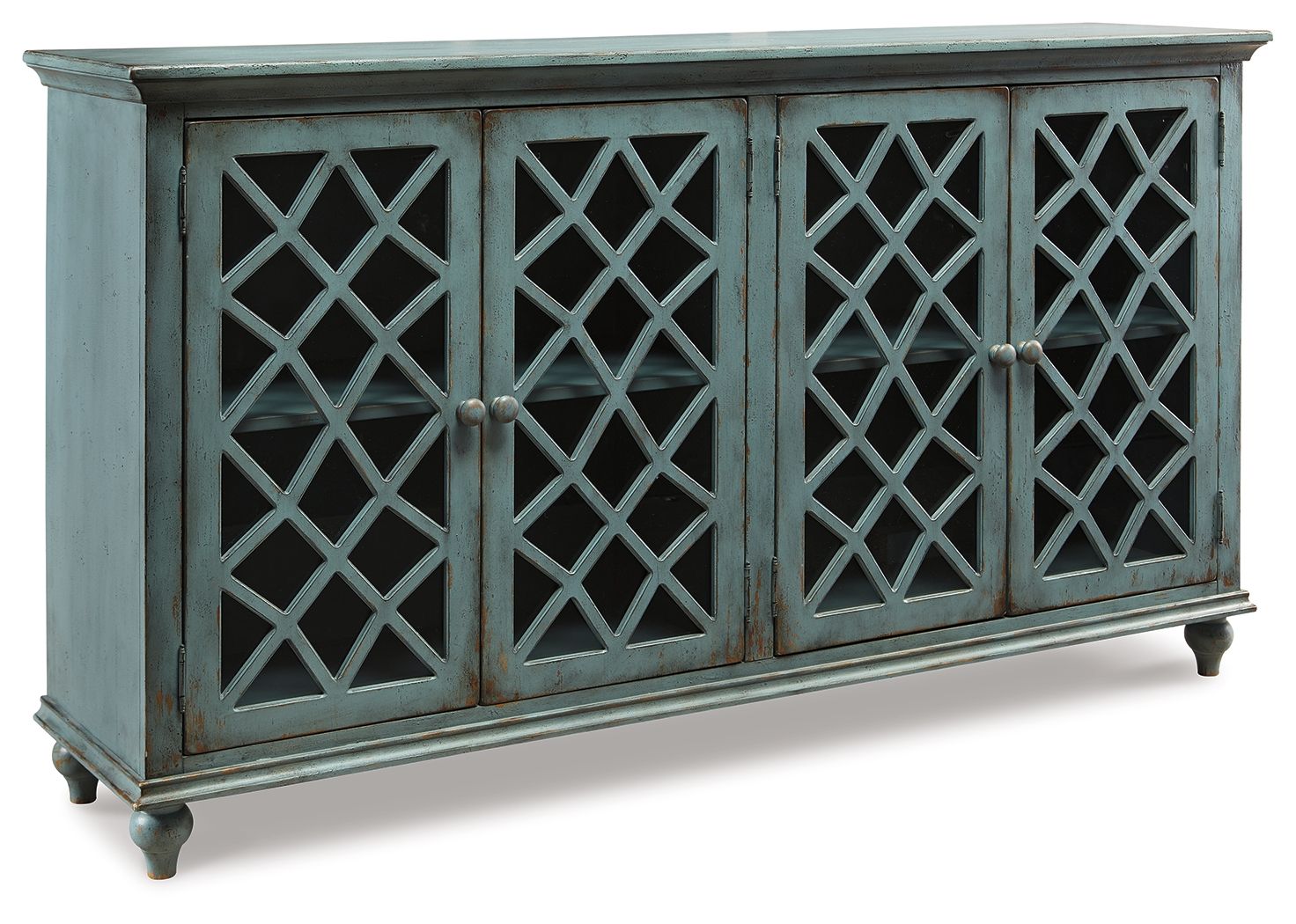 Teal accent cabinet with four lattice door panels in crossed X pattern and knob pulls
