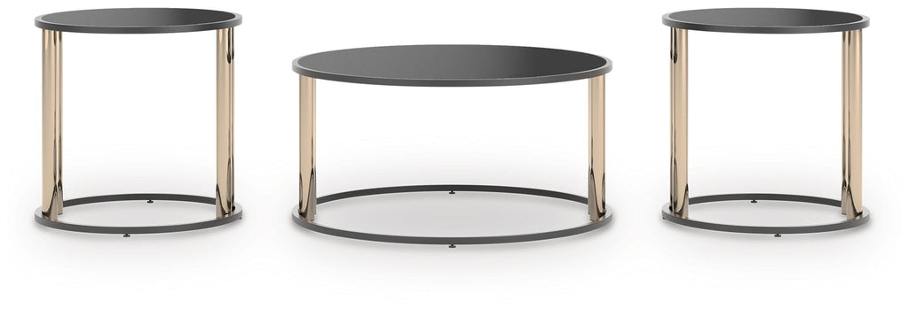 Round black occasional table set of 3 with dark tops and gold metal legs, nested