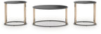 Round black occasional table set of 3 with dark tops and gold metal legs, nested