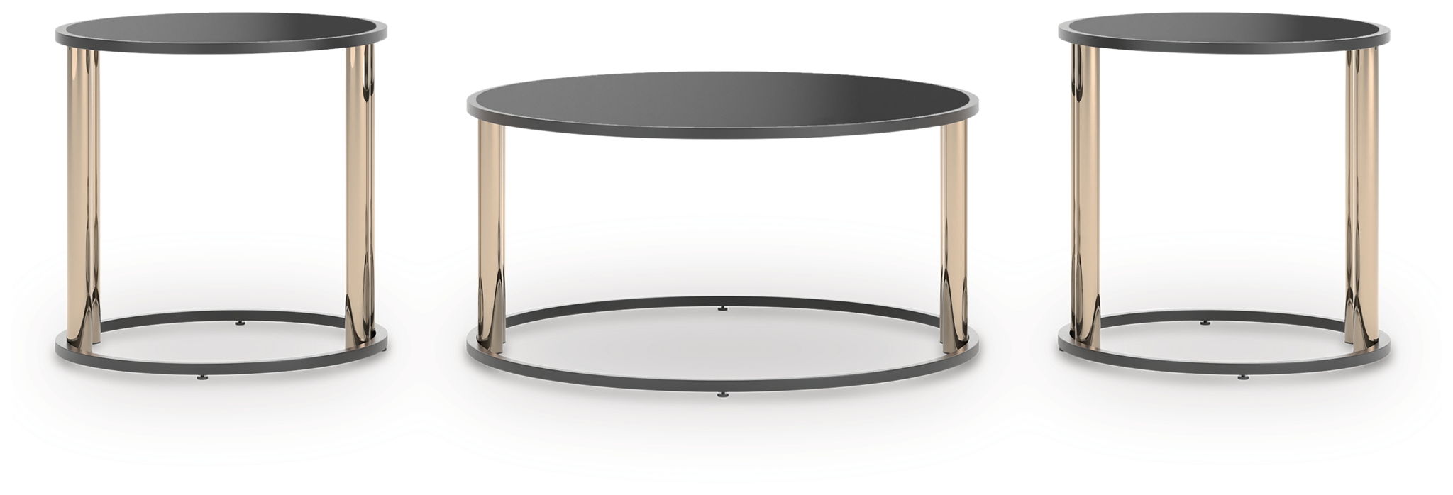 Round black occasional table set of 3 with dark tops and gold metal legs, nested