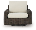 Dark brown wicker swivel glider lounge chair with beige seat cushion and backrest