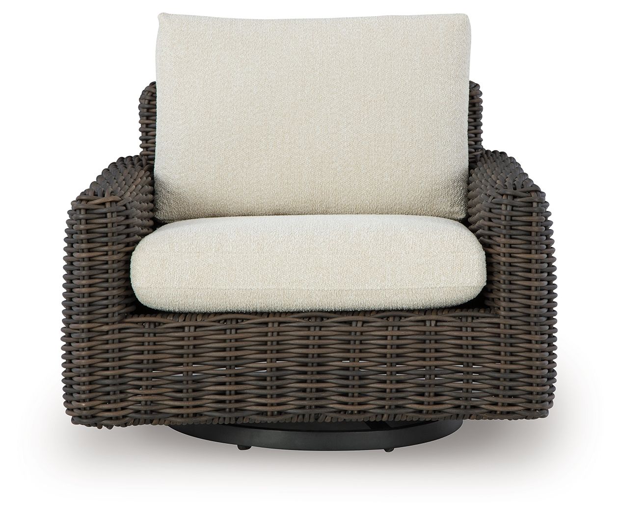 Dark brown wicker swivel glider lounge chair with beige seat cushion and backrest