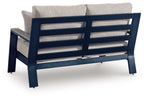 Loveseat backrest with dark slatted frame and gray cushions