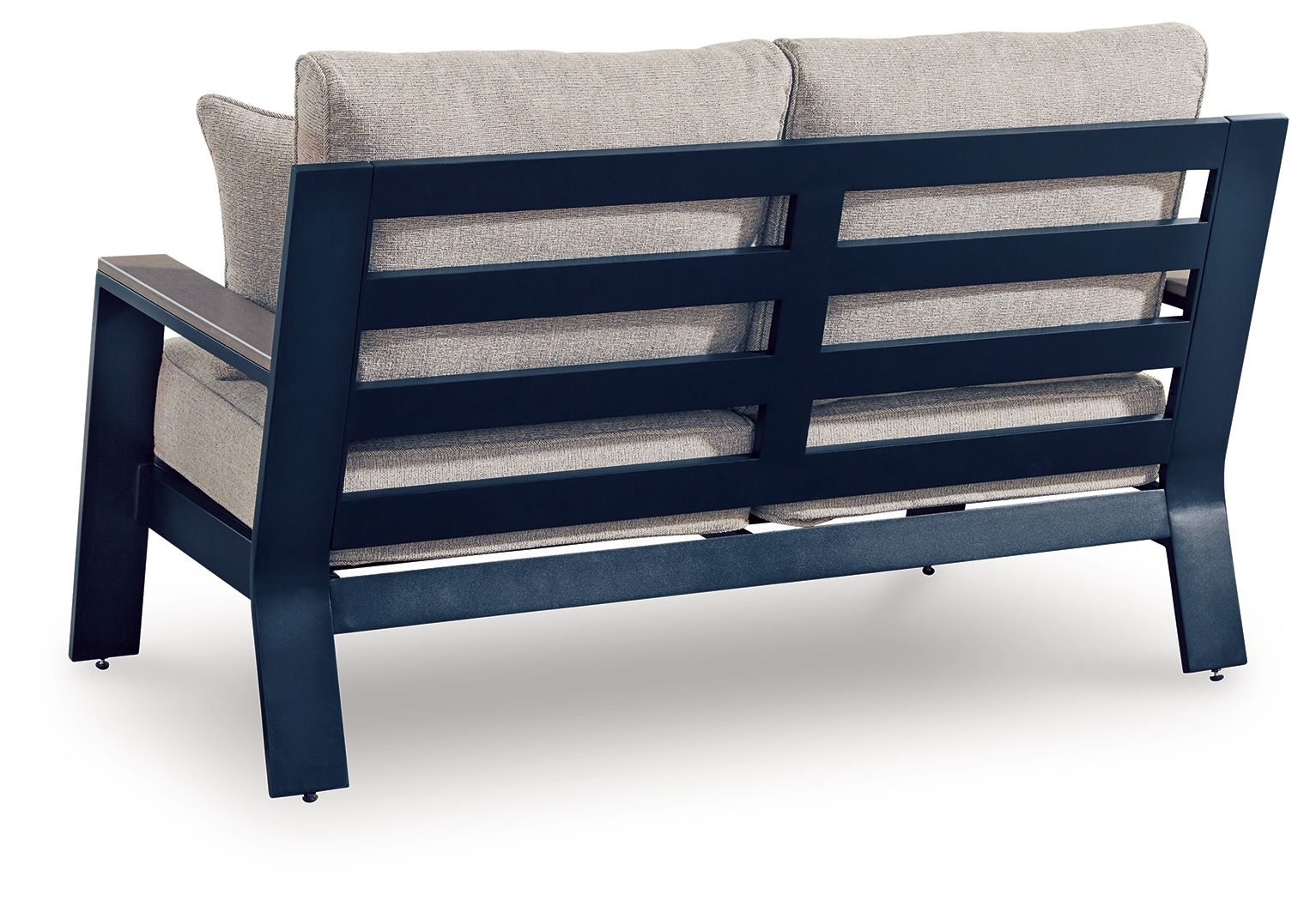 Loveseat backrest with dark slatted frame and gray cushions