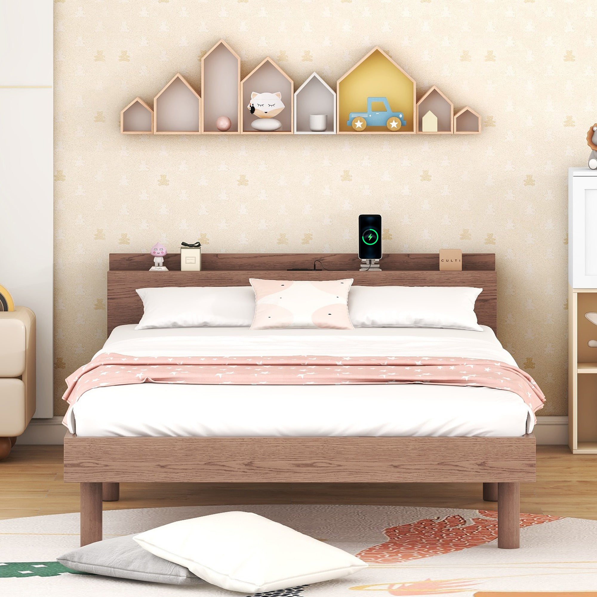 Walnut Twin Platform Bed: Modern USB Charging
