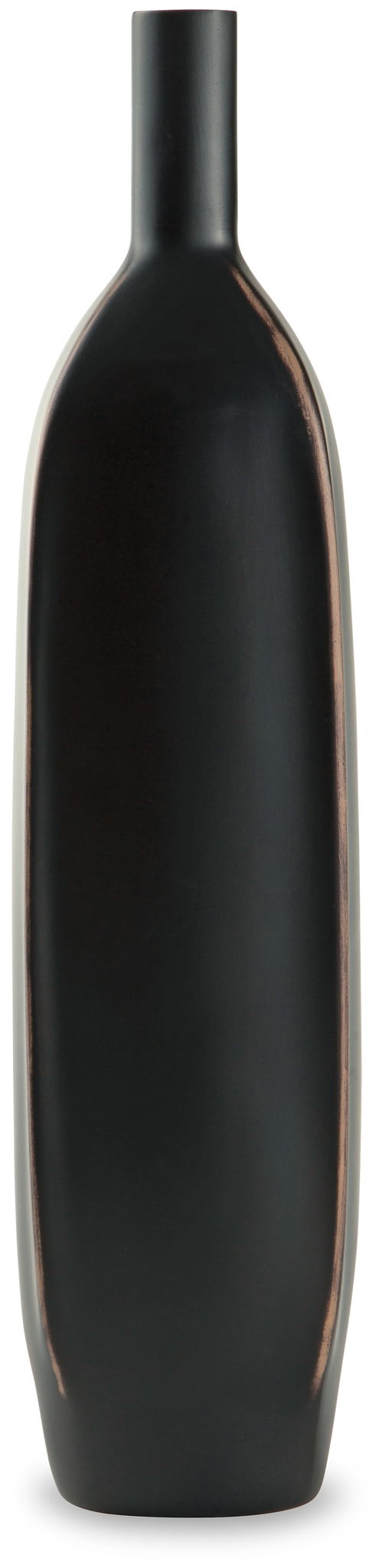 Rhaveney black tall vase with rounded body, slender neck, and bronze stripe detail