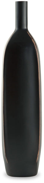 Rhaveney black tall vase with rounded body, slender neck, and bronze stripe detail