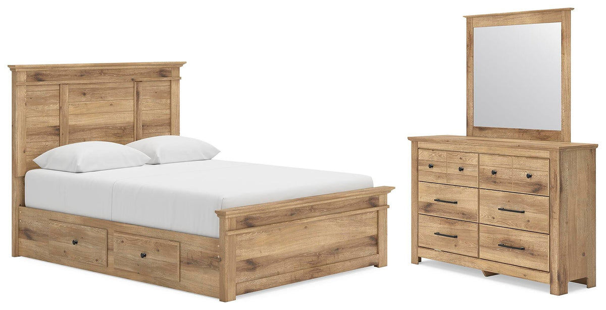 Light brown wood storage bed with drawers and matching dresser with mirror