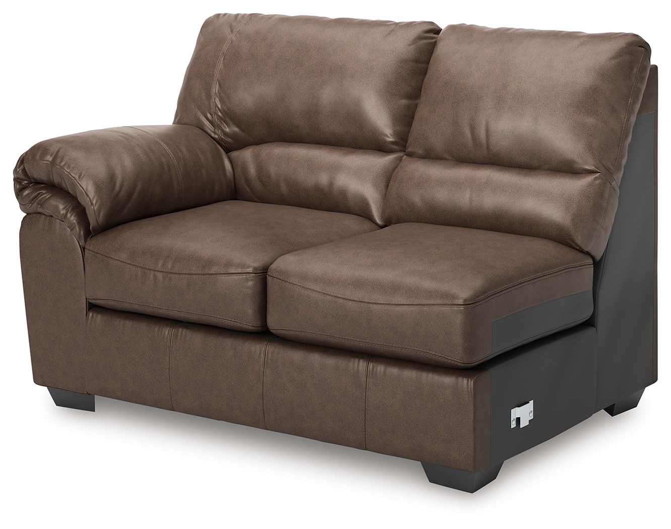 Umber brown LAF loveseat with padded arms, two seat cushions, and boxy base