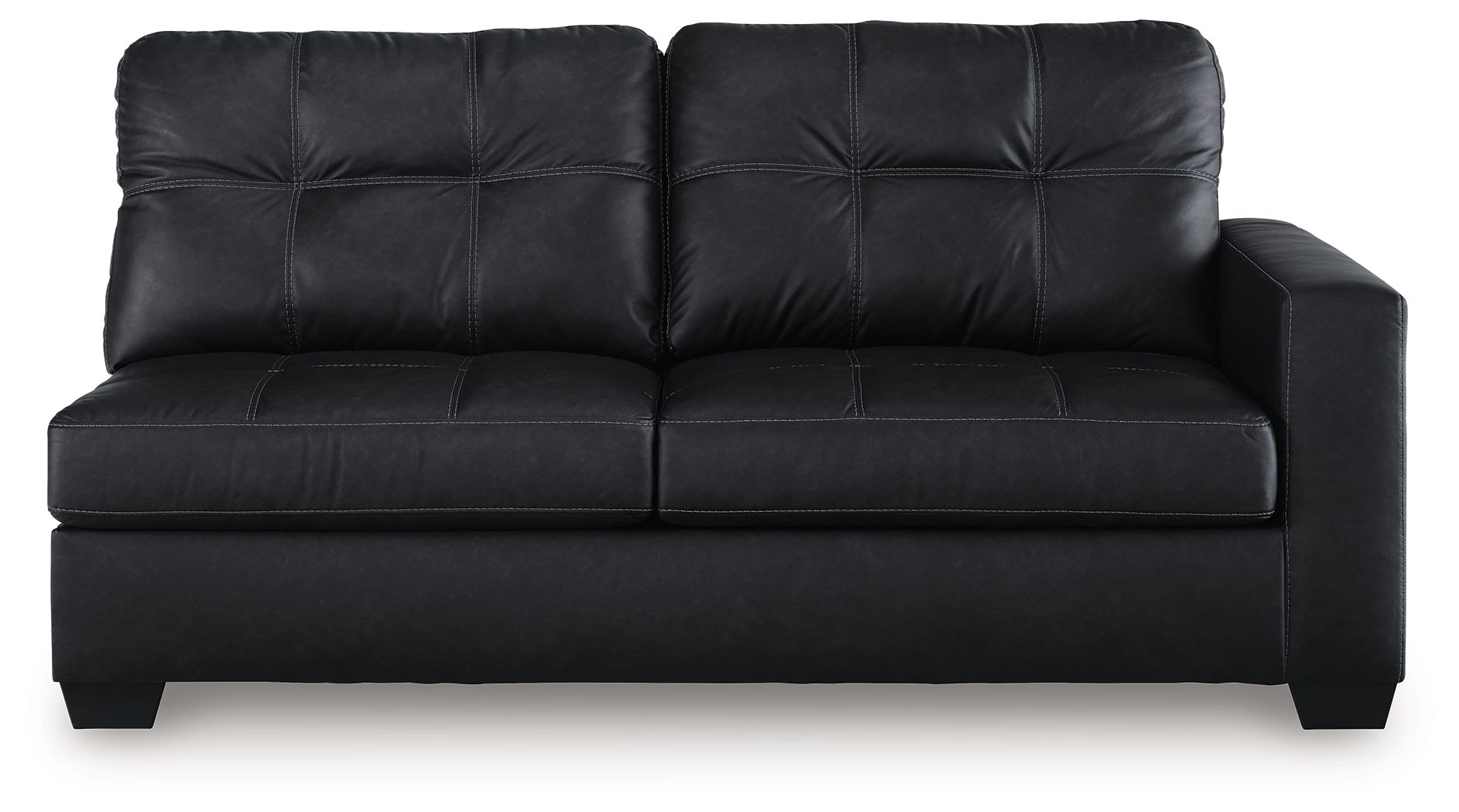 Dark sofa with tufted back, smooth seat, and square padded arms with legs