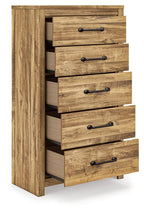Brown five-drawer chest with multiple drawers pulled out, black metal bar pulls