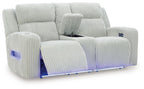 Power reclining loveseat with adjustable headrests, light gray ribbed upholstery with arm panels