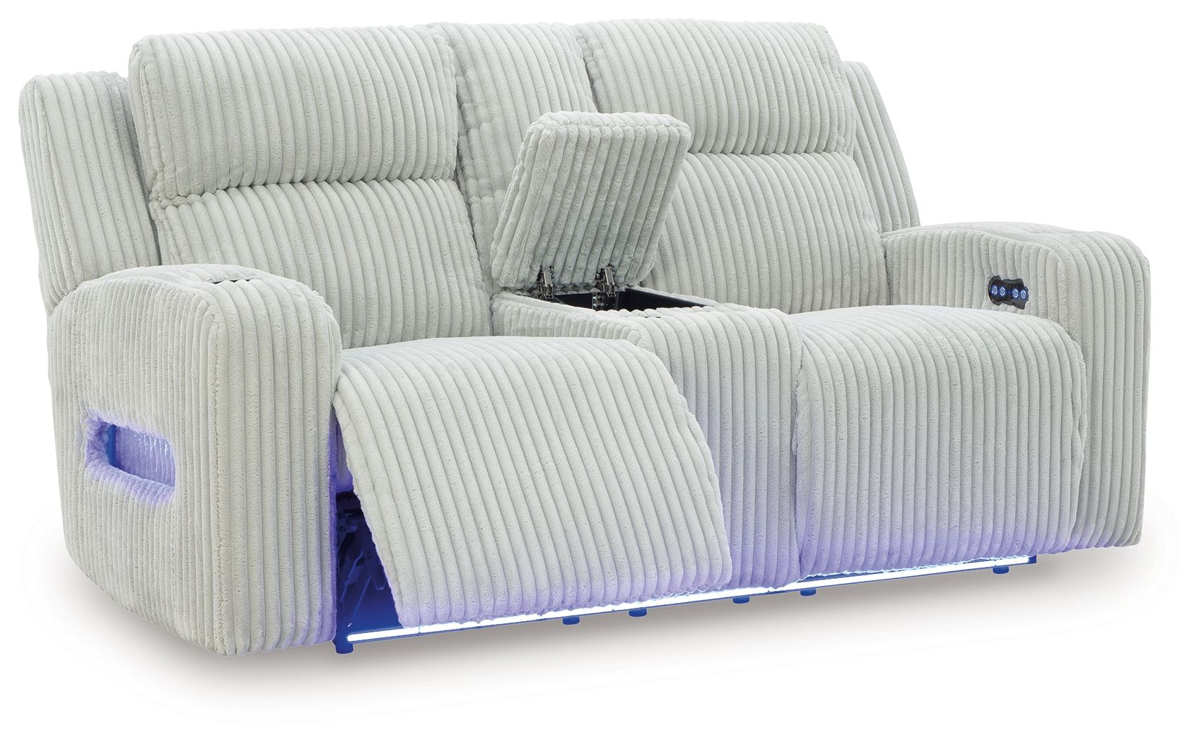 Power reclining loveseat with adjustable headrests, light gray ribbed upholstery with arm panels