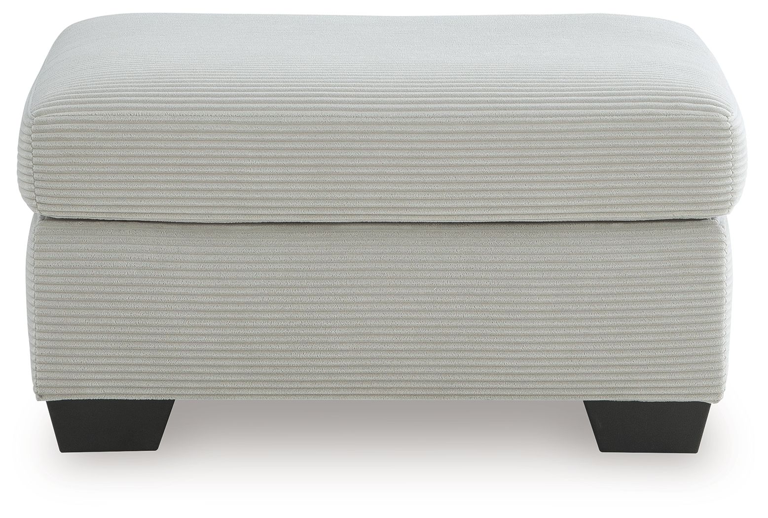 Light gray upholstered ottoman with padded lid and dark square legs