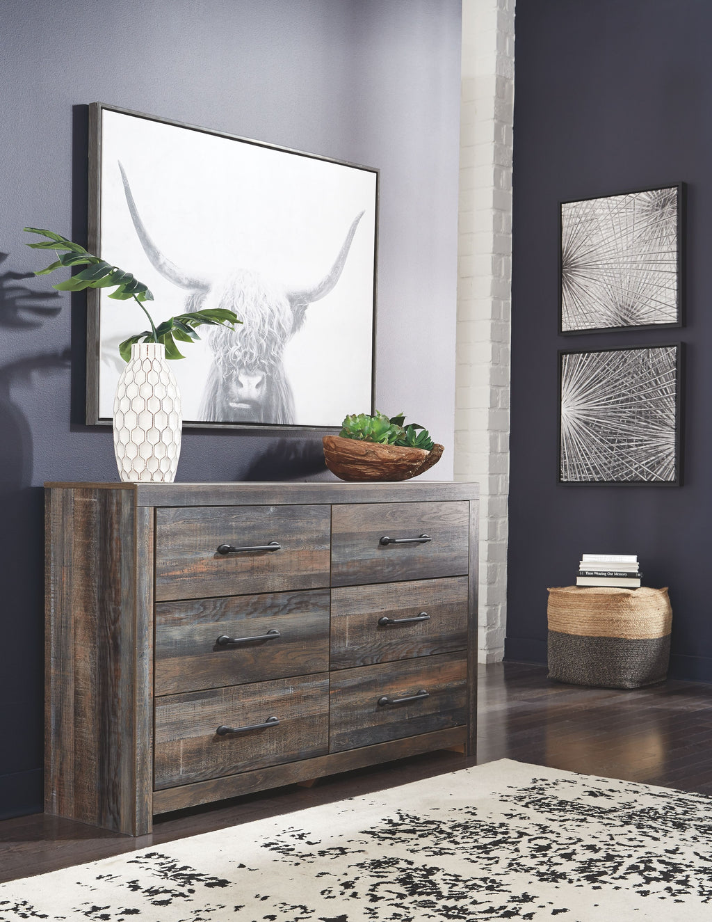 Wood dresser with mirror and 6 drawers, dark metal bar pulls, front view