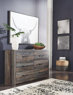 Wood dresser with mirror and 6 drawers, dark metal bar pulls, front view