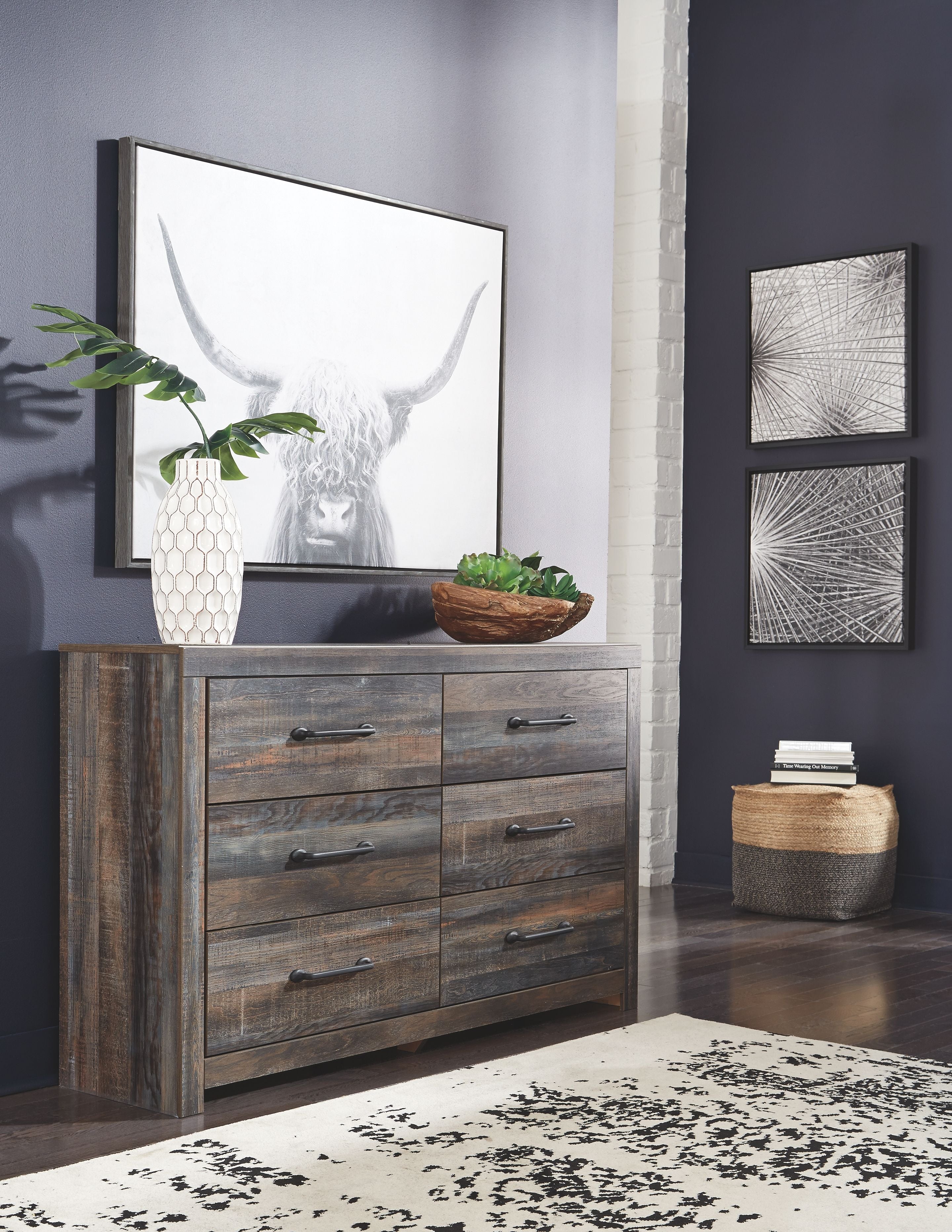 Wood dresser with mirror and 6 drawers, dark metal bar pulls, front view