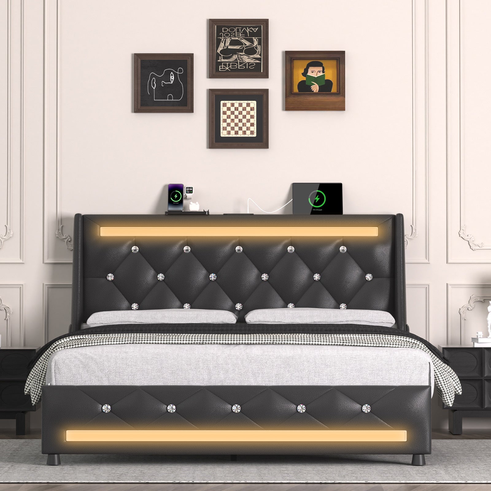 Full Upholstered Bed Frame w/ LED, Charging Station & Headboard
