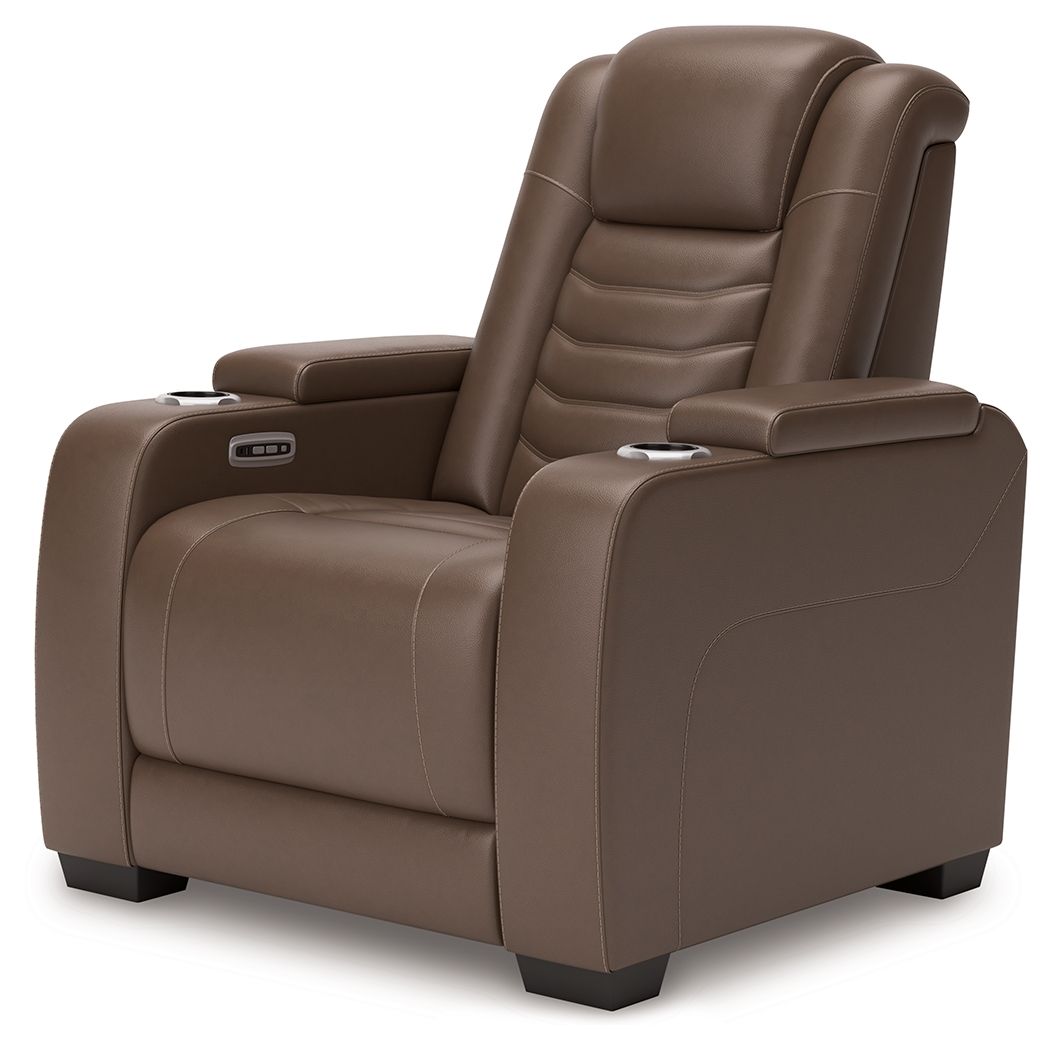 Brown power recliner chair with padded headrest and armrests, side recline controls