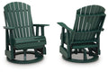 Green swivel glider rocking chair with slatted back, armrests, and seat boards