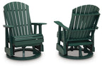 Green swivel glider rocking chair with slatted back, armrests, and seat boards