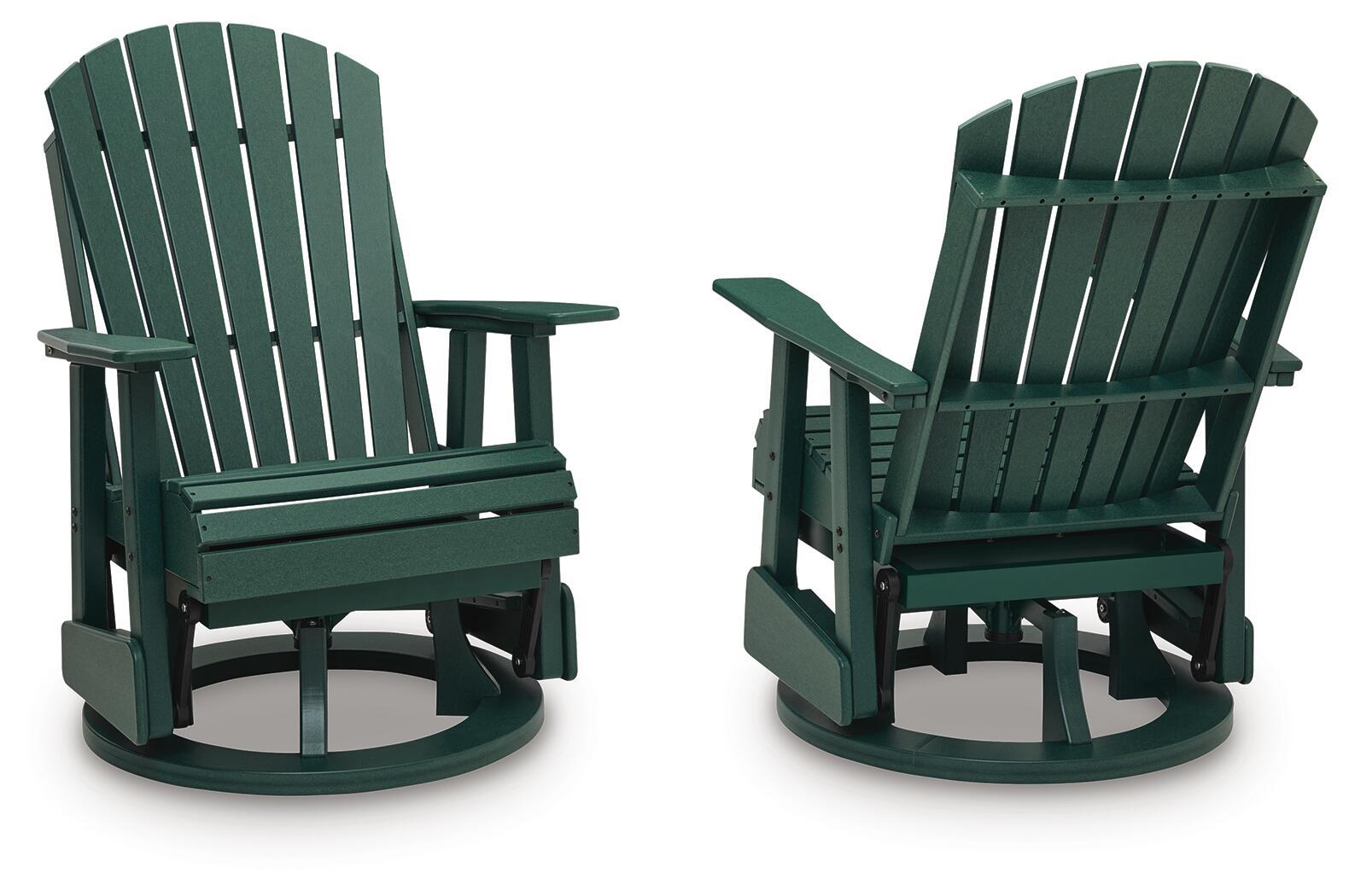 Green swivel glider rocking chair with slatted back, armrests, and seat boards
