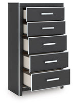Black five-drawer chest with drawers pulled open and silver bar handles