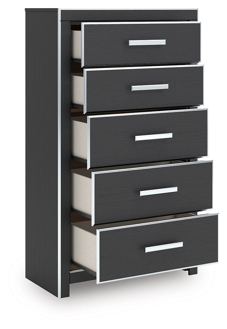 Black five-drawer chest with drawers pulled open and silver bar handles