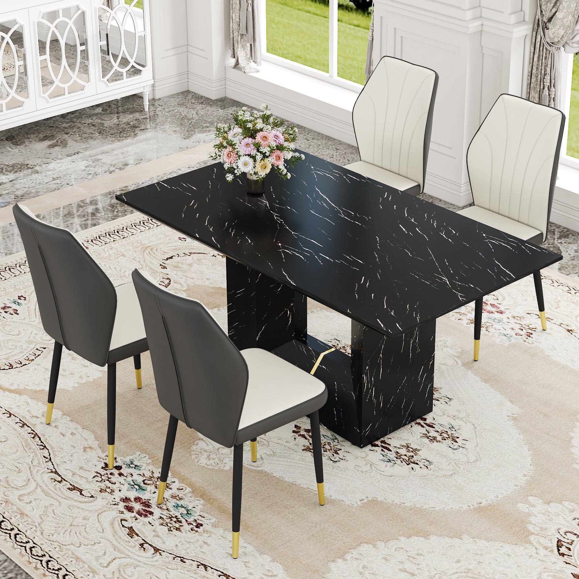 Black Marble Dining Set w/ 4 Chairs