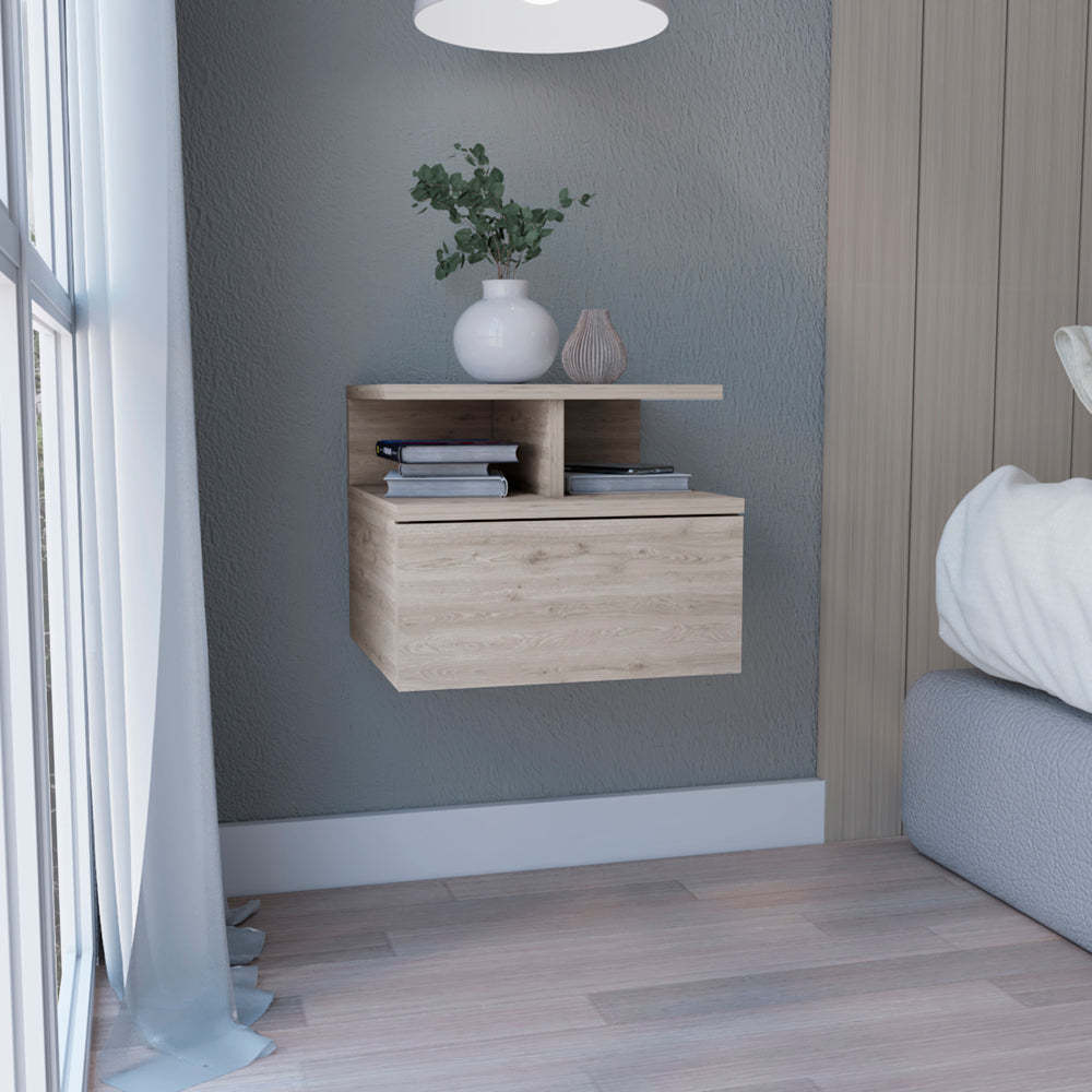 Floating Wall Mounted Nightstand, Single Drawer & 2-Tier Shelf, Light Gray