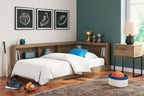 Light brown storage bed with bookcase headboard, white mattress with blue pillow