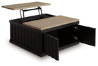 Lift-top cocktail table with light brown top; open dark storage compartment