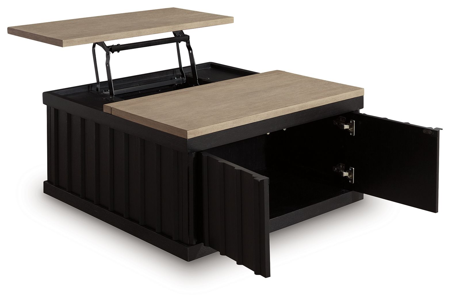 Lift-top cocktail table with light brown top; open dark storage compartment