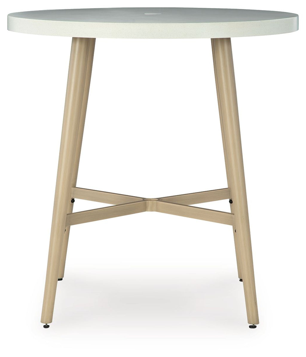 Beige round bar table underside with X-style cross brace and four legs