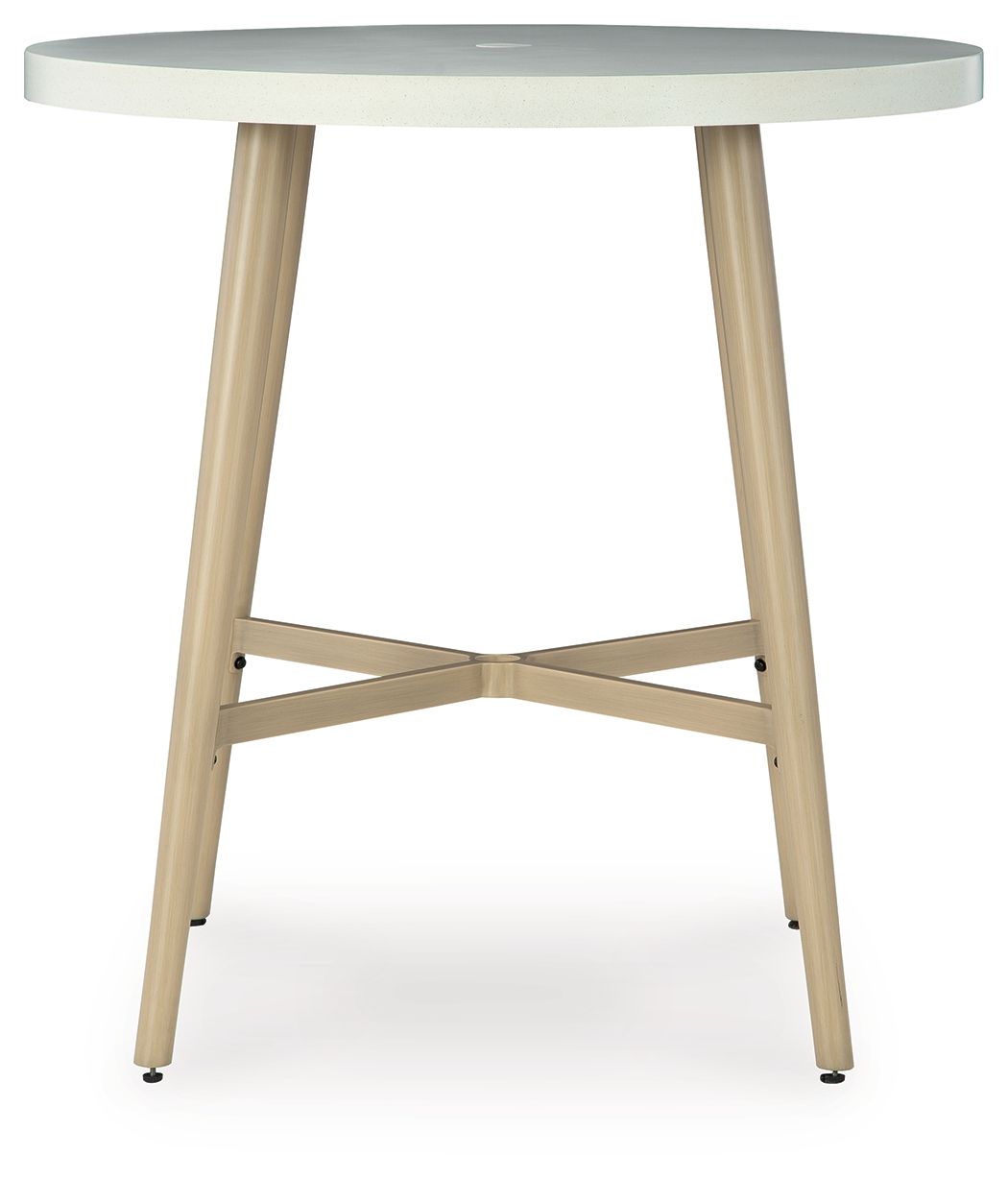 Beige round bar table underside with X-style cross brace and four legs