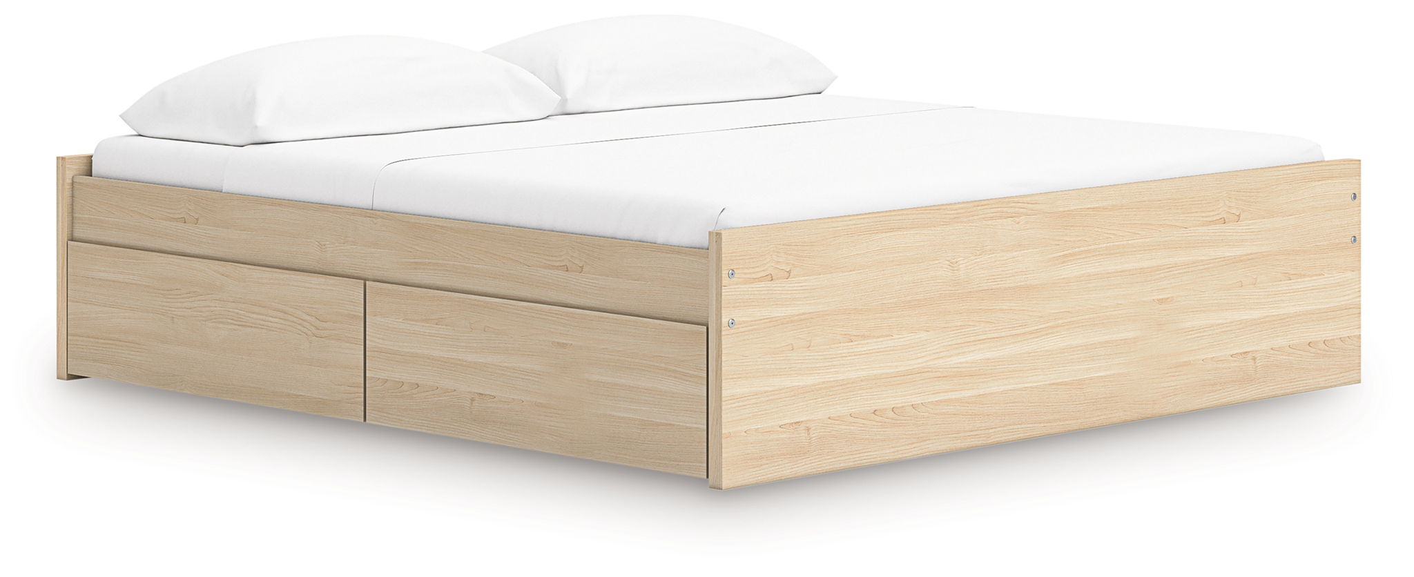 Platform bed with light brown wood frame and two front storage drawers