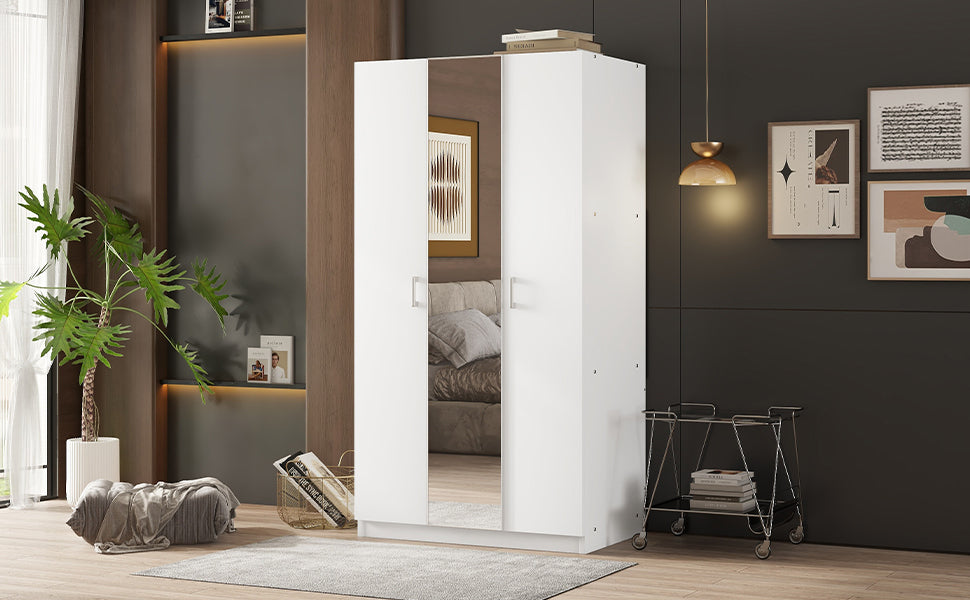 3 Door Wardrobe w/ Mirror, Hanging Rod, White