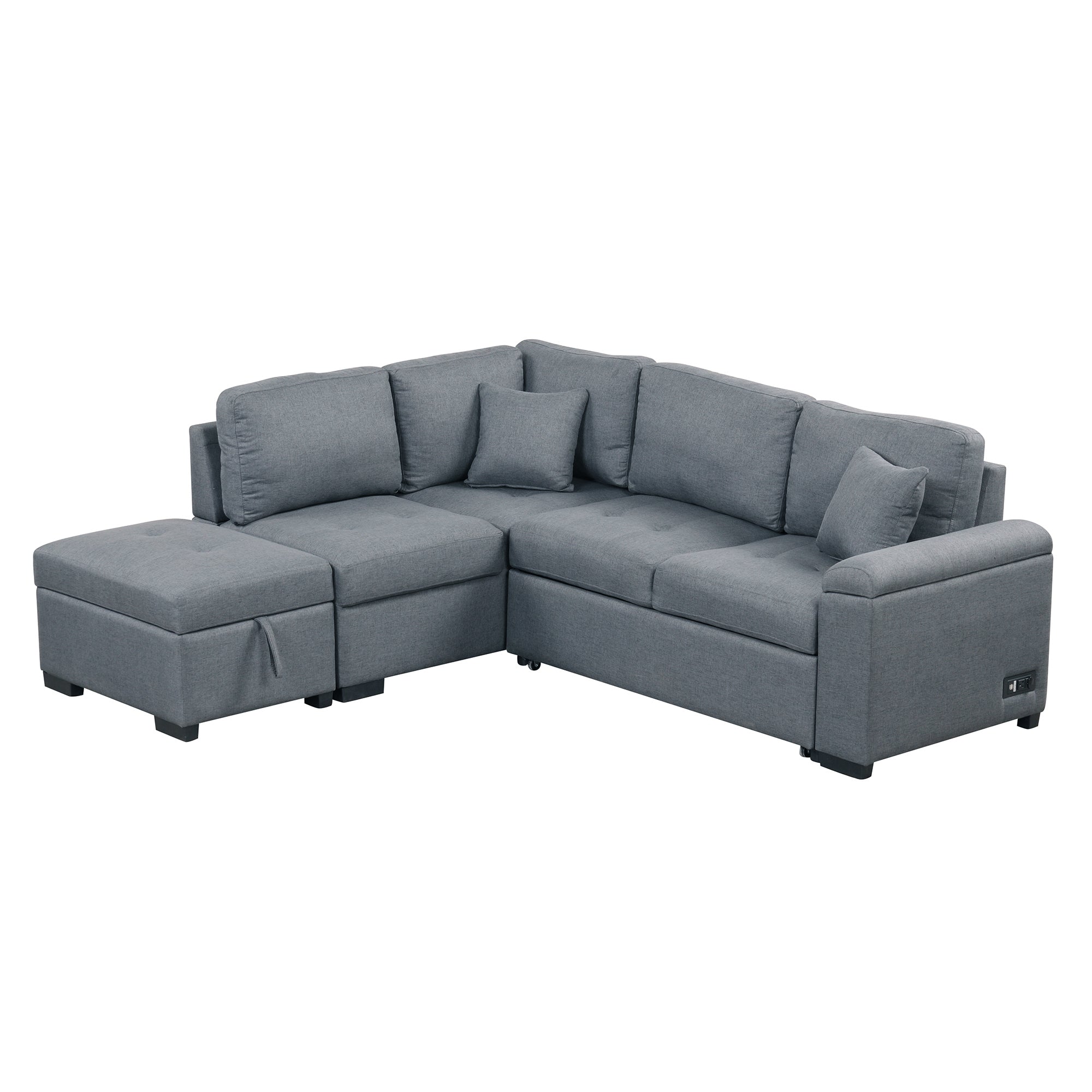 Gray L Shaped Velvet Sleeper Sectional Sofa