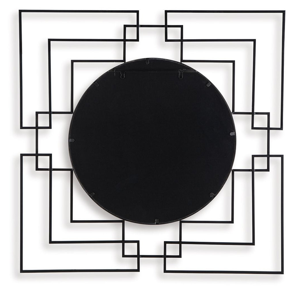 Black circular accent wall mirror with layered black square frame details.