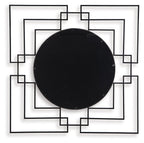 Black circular accent wall mirror with layered black square frame details.