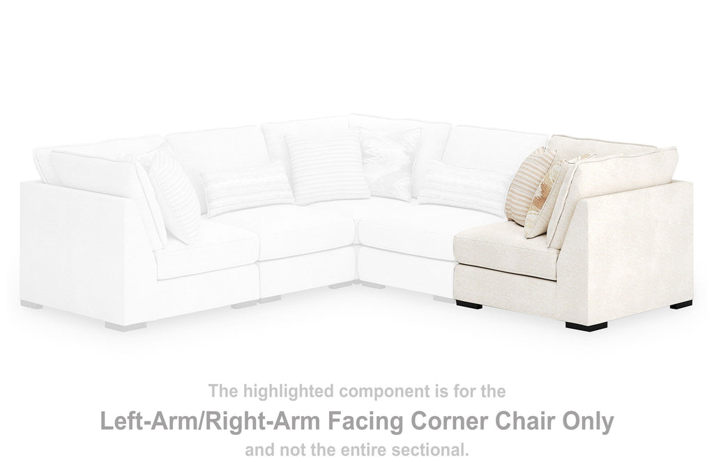 Corner chair sectional piece in vanilla-beige fabric with angled armrest and dark feet