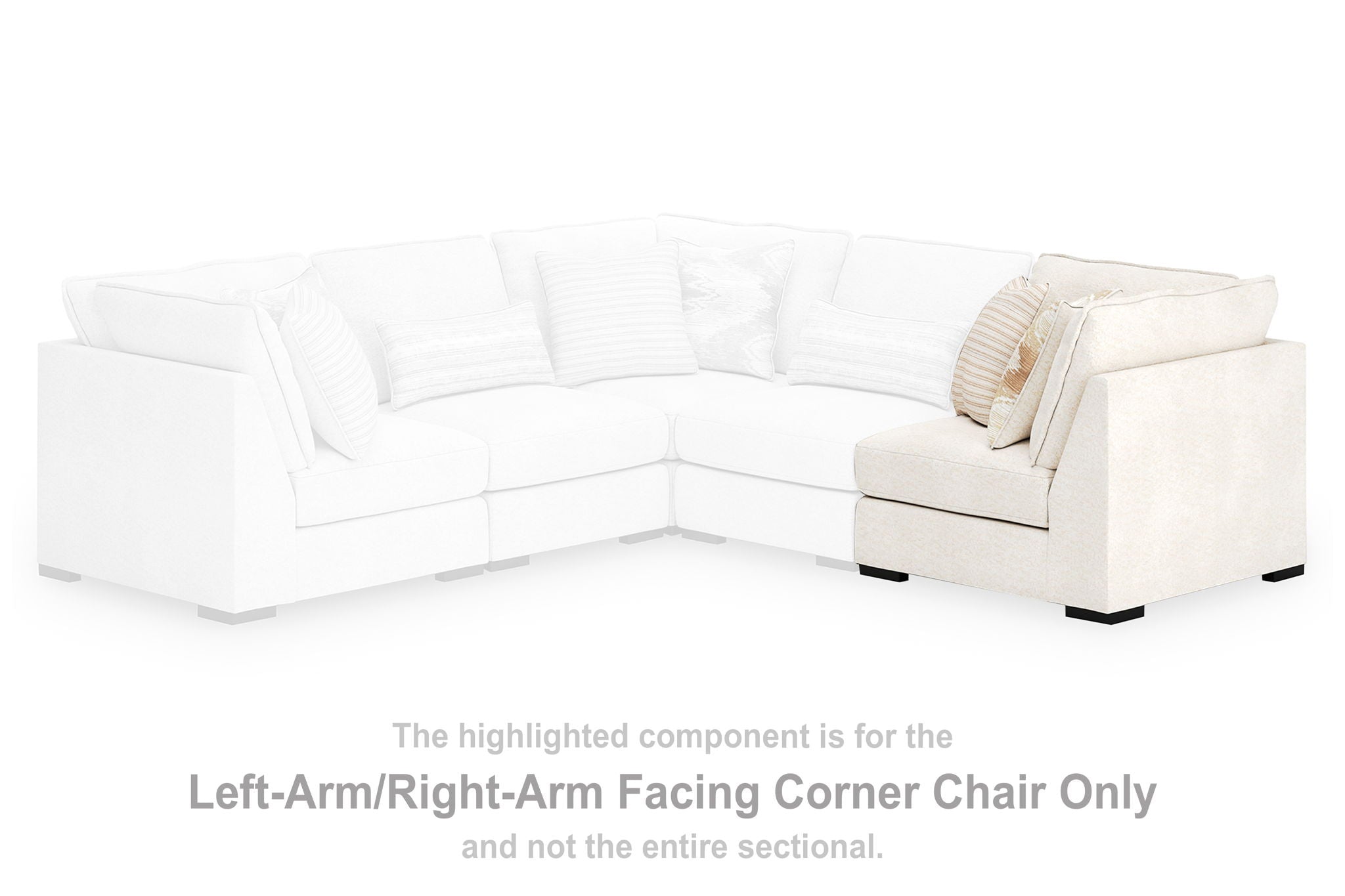 Corner chair sectional piece in vanilla-beige fabric with angled armrest and dark feet