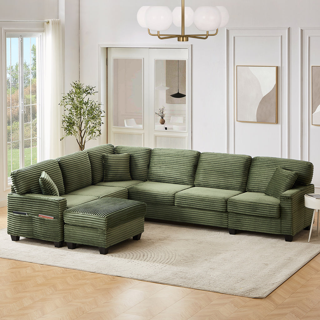 Green corduroy U-shaped sectional sofa with chaise, corner arm cushions