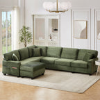 Green corduroy U-shaped sectional sofa with chaise, corner arm cushions