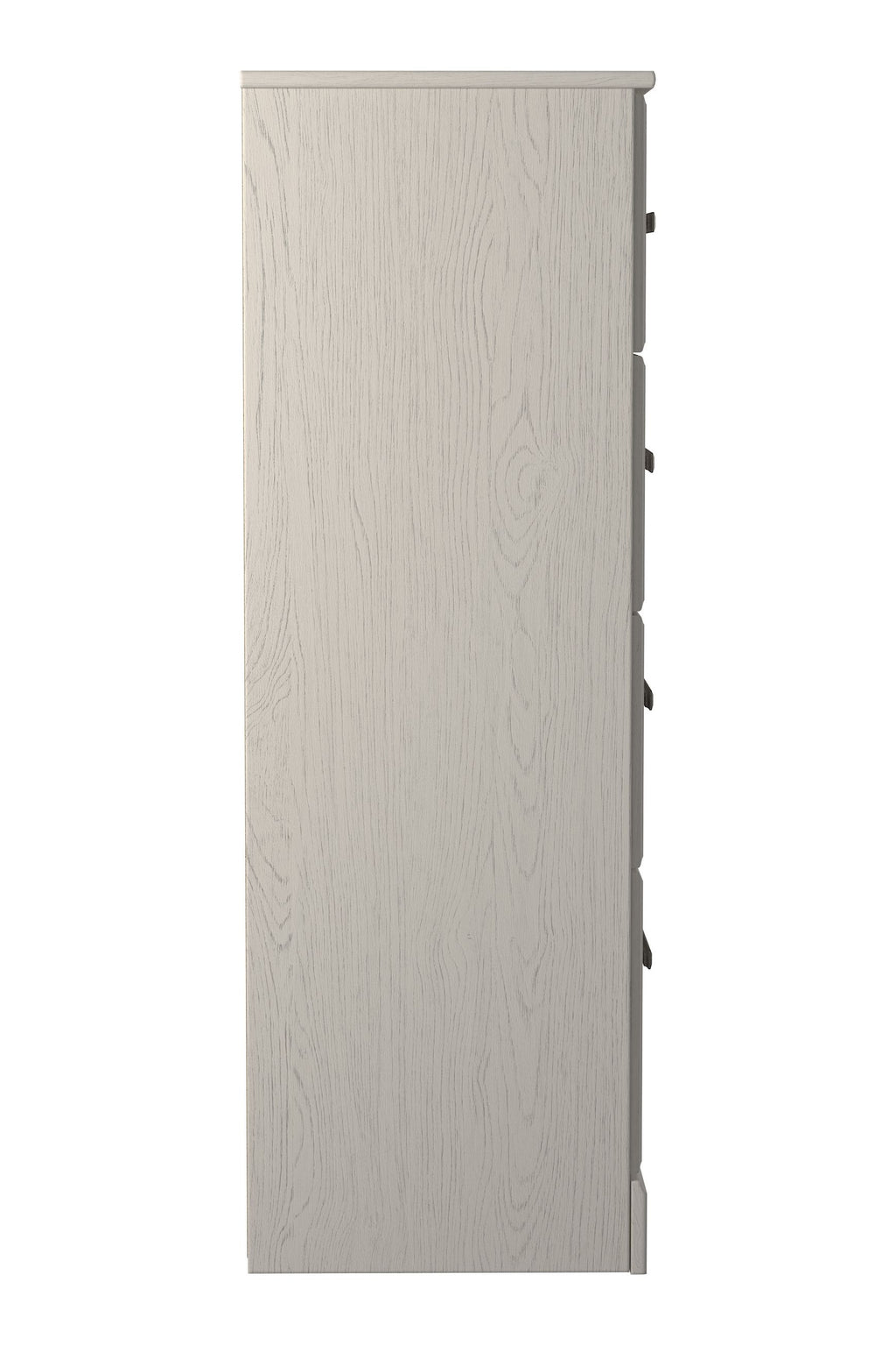 White four-drawer chest side view with dark gray edge and knob pulls